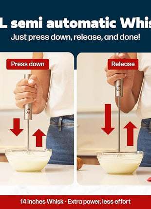 14 Inch Stainless Steel Hand Whisk - Durable & Easy to Use Push-Down Zip Whisker - Rotary Hand Mixer for Beating Eggs, Frothing Milk, Blending, Mixing, Whipping Smoothies & Shakes - Kitchen Tools