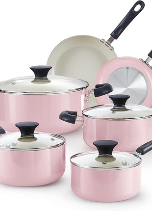 Cook N Home Pots and Pans Set Nonstick, 10-Piece Ceramic Kitchen Cookware Sets, Nonstick Cooking Set with Saucepans, Frying Pans, Dutch Oven Pot with Lids, Pink