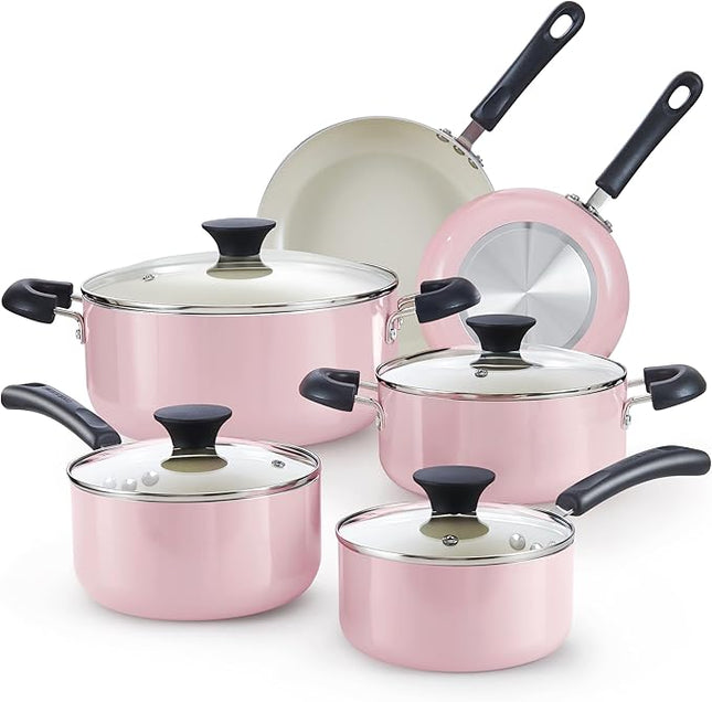 Cook N Home Pots and Pans Set Nonstick, 10-Piece Ceramic Kitchen Cookware Sets, Nonstick Cooking Set with Saucepans, Frying Pans, Dutch Oven Pot with Lids, Pink