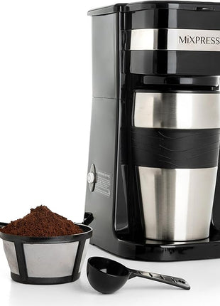 Mixpresso Black Personal Single Serve Coffee Maker with 14oz Travel Mug, Drip Small Coffee Maker with Auto Shut Off, Reusable Filter, Works with Ground Coffee Only – Not for K-Cup Pods