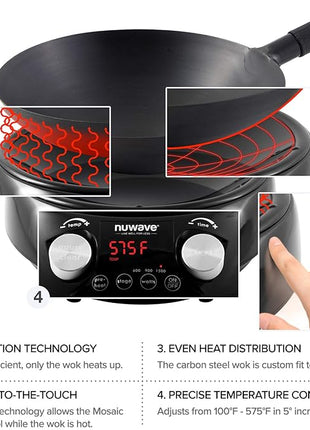 Nuwave Mosaic Induction Wok, Temp Control 100°F-575°F in 5°F, Wok Hei, Infuse Charred Aroma & Flavor, 14-inch Carbon Steel Wok, 8pc Bamboo Accessories