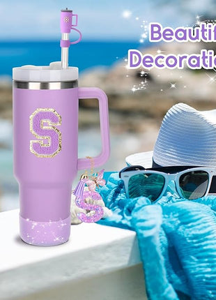 Mity rain 6PCS Cup Accessories Set for Stanley Cup 30oz 40oz tumbler with handle, Including Silicone Straw Topper Cover Cap and Boot, Spill Proof Stopper, Handle Charm, Initials Sticker (Letter S)