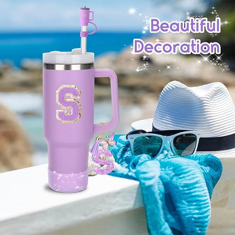 Mity rain 6PCS Cup Accessories Set for Stanley Cup 30oz 40oz tumbler with handle, Including Silicone Straw Topper Cover Cap and Boot, Spill Proof Stopper, Handle Charm, Initials Sticker (Letter S)