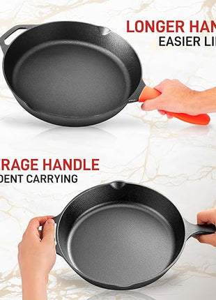 NutriChef 12-Inch Cast Iron Skillet w/Lid - Pre-Seasoned, Oven Safe, Nonstick, Cool-Touch Silicone Handle, For All Cooktops - NCCI12