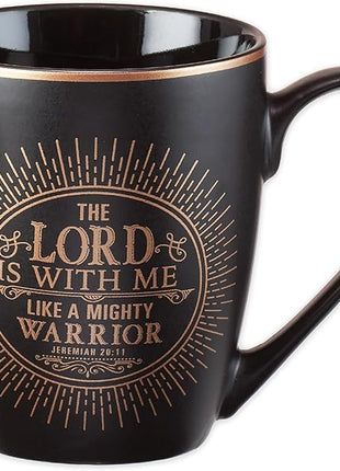 Christian Art Gifts Black Stoneware Coffee Mug with Gold Rim for Women and Men – 12 oz. Lead and Cadmium-free Coffee and Tea Mug with Inspirational Bible Verse: The Lord Is With Me - Jeremiah 20:11