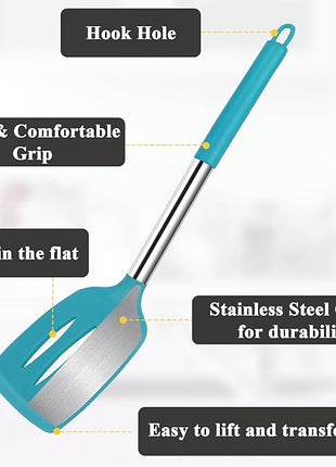 Silicone Spatula Spoon Set, 4 PCS Silicone Cooking Utensils Spatula Spoon Set with Stainless Steel Handle, BPA Free Kitchen Turners for Frying, Mixing, Serving, Draining, Turning, Stirring, Blue