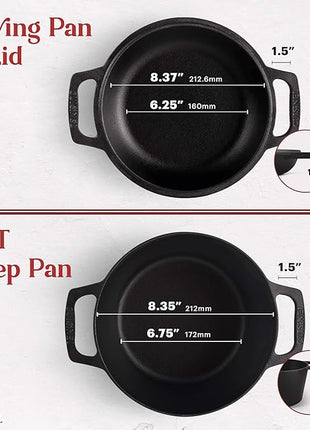 Cuisinel Cast Iron Dutch Oven - 3-Quart Deep Pot - Pre-Seasoned 2-in-1 Multi-Cooker - Combo Lid Doubles as 8"-inch Skillet Frying Pan + Silicone Handle Covers + Scraper - Use for Baking Bread