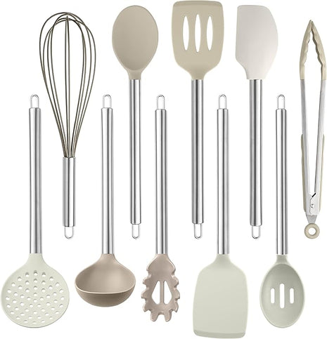 COOK WITH COLOR Silicone Cooking Utensils, Kitchen Utensil Set, Easy to Clean Silicone Kitchen Utensils, Cooking Utensils for Nonstick Cookware, Kitchen Gadgets Set, 10 Pieces, Brown