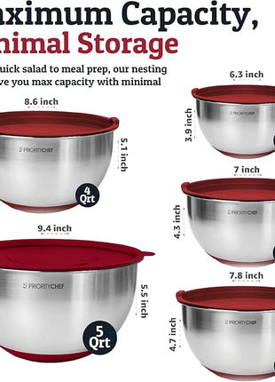 Priority Chef Stainless Steel Mixing Bowls with Lids Set, Metal Nesting Bowls with Airtight Lids, Graters, Non-Slip Base & Measurement Marks, Includes Utensil Set for Prep, Baking & Storage, Red