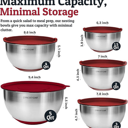 Priority Chef Stainless Steel Mixing Bowls with Lids Set, Metal Nesting Bowls with Airtight Lids, Graters, Non-Slip Base & Measurement Marks, Includes Utensil Set for Prep, Baking & Storage, Red