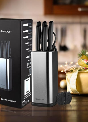 RAXCO Knife Set with Block,10-Piece Kitchen Knives Stainless Steel,Pro-sharpened for Cooking,Slicing,Mincing,Dicing,Black