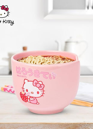Silver Buffalo Sanrio Hello Kitty Strawberry Milk Japanese Character Ceramic Ramen Noodle Rice Bowl with Chopsticks, Microwave Safe, Pink, 20 Ounces