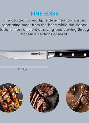 Messermeister Avanta 5” Fine Edge Steak Knife Set - Pack of 2 - German X50 Stainless Steel - Rust Resistant & Easy to Maintain - Includes 8 Total Steak Knives