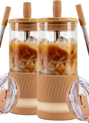 Pandaloo® Glass Cups With Lids and Straws -20 Fl Oz- Perfect Size Iced Coffee Cup - Smoothie Cup With Bamboo Lid and On the go Lid - Glass Tumbler With Straw (2 Count (Pack of 1), Amber Sand)