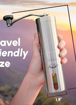 JavaPresse Manual Stainless Steel Coffee Grinder - 18 Adjustable Settings, Portable Conical Burr Grinder for Camping, Travel, Espresso - With Hand Crank