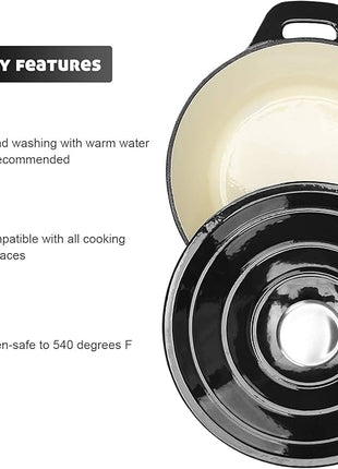 Puricon 5.5 Quart Enameled Cast Iron Dutch Oven with Lid, 5.5 QT Deep Round Dutch Oven Pot with Dual Handles -Black