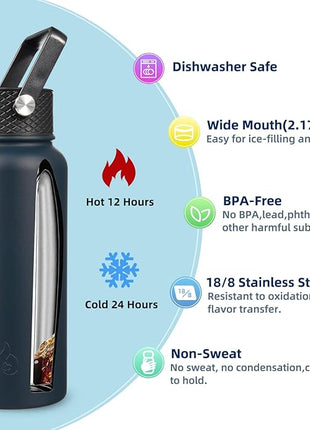 BJPKPK Insulated Water Bottles with Straw Lid, 32oz Metal Large Water Bottle with 3 Lids, Reusable Leak Proof BPA Free Thermo, Stainless Steel Tumblers for Sports, Gym, Travel-Navy Blue