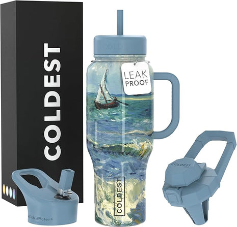 Coldest Tumbler with Handle and Straw - 100% Leak Proof Insulated Tumbler with Lid and Straw (3 Lids) - Stainless Steel Tumblers for Women & Men - Cup Holder Friendly Base, 36 oz (Seascape)