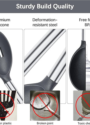 Silicone Spatula Spoon Set, 4 PCS Silicone Cooking Utensils Spatula Spoon Set with Stainless Steel Handle, BPA Free Kitchen Turners for Frying, Mixing, Serving, Draining, Turning, Stirring, Grey