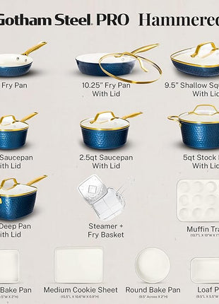Gotham Steel Hammered 20Pcs Ceramic Cookware Set, Induction Pots and Pans Set Non Stick with Deep Fry Pan, Steamer, & Bakeware, Non Toxic PFOA PFOS Free, Oven & Dishwasher Safe
