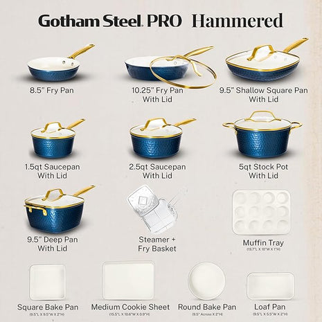 Gotham Steel Hammered 20Pcs Ceramic Cookware Set, Induction Pots and Pans Set Non Stick with Deep Fry Pan, Steamer, & Bakeware, Non Toxic PFOA PFOS Free, Oven & Dishwasher Safe