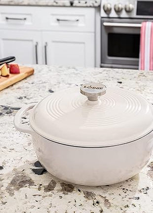 Lodge 7.5 Quart Enameled Cast Iron Dutch Oven with Lid – Dual Handles – Oven Safe up to 500° F or on Stovetop - Use to Marinate, Cook, Bake, Refrigerate and Serve – Oyster White