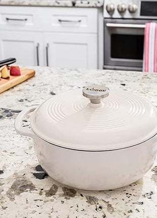 Lodge 3 Quart Enameled Cast Iron Dutch Oven with Lid – Dual Handles – Oven Safe up to 500° F or on Stovetop - Use to Marinate, Cook, Bake, Refrigerate and Serve – Oyster White