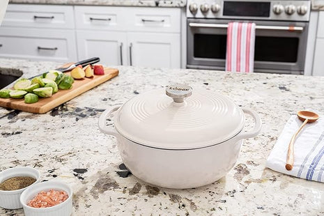 Lodge 3 Quart Enameled Cast Iron Dutch Oven with Lid – Dual Handles – Oven Safe up to 500° F or on Stovetop - Use to Marinate, Cook, Bake, Refrigerate and Serve – Oyster White