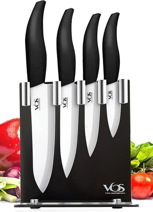 Vos Ceramic Knife Set with Block, Ceramic Knives Set For Kitchen, Ultra Sharp Kitchen Knife Set with Covers, 3" 4" 5" 6" Chef Knife, Utility, Paring & Versatile, Lightweight, Dishwasher safe (Black)