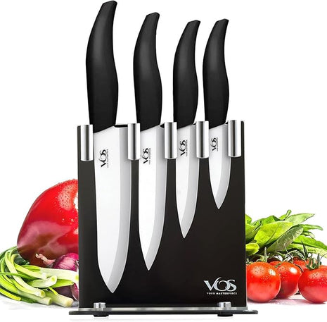 Vos Ceramic Knife Set with Block, Ceramic Knives Set For Kitchen, Ultra Sharp Kitchen Knife Set with Covers, 3" 4" 5" 6" Chef Knife, Utility, Paring & Versatile, Lightweight, Dishwasher safe (Black)