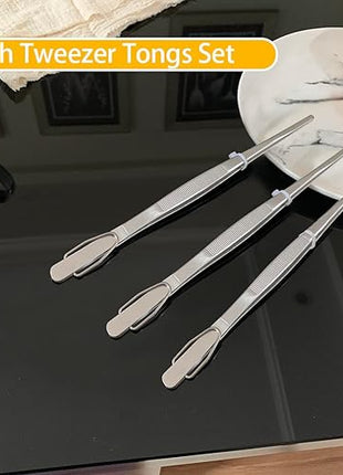 JETKONG 7 Inch Tweezers Tongs Mini Kitchen Food Tweezers Small Cooking Thin Tongs, Set of 3 (7 7 7 Inch, Silver)