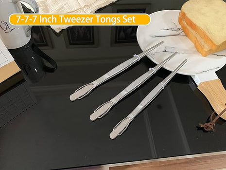 JETKONG 7 Inch Tweezers Tongs Mini Kitchen Food Tweezers Small Cooking Thin Tongs, Set of 3 (7 7 7 Inch, Silver)