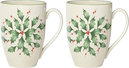 Lenox Coffee Mugs, Hosting The Holidays 2-Piece Holly 14 Oz Mug Set, Ivory Porcelain, Dishwasher and Microwave Safe, Christmas Holly Drinkware Set, Christmas Decorations (White/Green, 14 Oz, 2 Pieces)