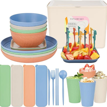 49 Pcs Dinnerware Sets for 4 People, Unbreakable Plates and Bowls Sets with Storage Box, Reusable Dinnerware Sets, Camping School Home Party Cutlery Set, Dishwasher Microwave Safe
