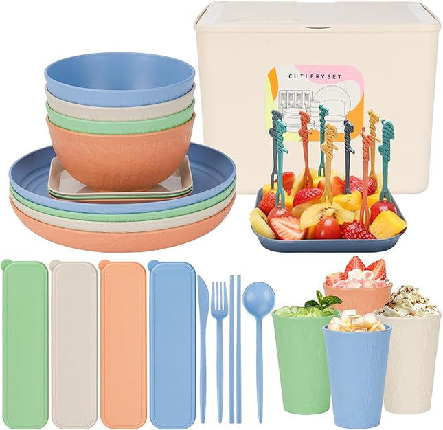 49 Pcs Dinnerware Sets for 4 People, Unbreakable Plates and Bowls Sets with Storage Box, Reusable Dinnerware Sets, Camping School Home Party Cutlery Set, Dishwasher Microwave Safe