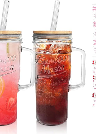 ANOTION Glass Cups with Lids and Straws - 24oz Tumbler with Handle Coffee Cups Glass Straws Glasses Mason Jar Cups Drinking Set Kitchen Essentials Coffee Bar Accessories House Warming Gifts New Home