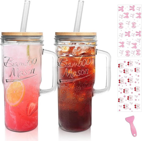 ANOTION Glass Cups with Lids and Straws - 24oz Tumbler with Handle Coffee Cups Glass Straws Glasses Mason Jar Cups Drinking Set Kitchen Essentials Coffee Bar Accessories House Warming Gifts New Home