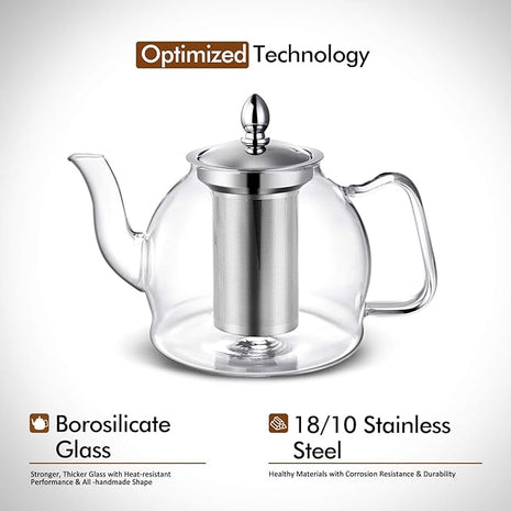 HIWARE 1000ml Glass Teapot with Removable Infuser, Stovetop Safe Tea Kettle, Blooming and Loose Leaf Tea Maker Set