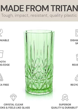 BELLAFORTE Shatterproof Tritan Tall Tumbler, Set of 4, 18oz - Myrtle Beach Drinking Glasses - Unbreakable Plastic Drinking Glasses for Gifting, Parties, New Year - BPA Free - Dishwasher Safe - Green