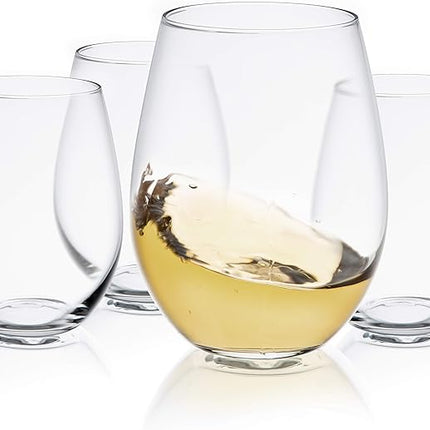JoyJolt Stemless Wine Glasses Set of 4 – 19 oz Clear Glass Tumblers for Red & White Wine, Cocktails, Dishwasher Safe, Perfect for Home Bar, Gifts