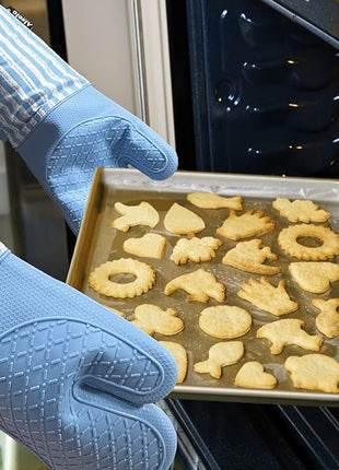 Silicone Oven Mitts Heat Resistant 932℉ with Waterproof & Non-Slip Kitchen Mittens, Set of 2 Extra Long Oven Gloves with Soft Cotton Terry Lining for Baking Cooking Barbecue (2, Blue Mitts)