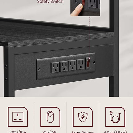 VASAGLE Bakers Rack with Power Outlet, 35.4 Inches Microwave Stand, Coffee Bar, 4 AC Outlets, with Adjustable Shelves, 8 S-Hooks, Basket, Spice Racks, Charcoal Gray and Ink Black UKKS031B22