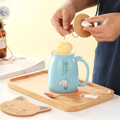 BigNoseDeer 2Pcs Kawaii Tea Cup with Infuser Ceramic Cat Mug Cute Mugs Coffee Mugs Gifts for Cat Lovers Cute Cool Preppy Stuff Mother's Day Gifts for Women 13oz