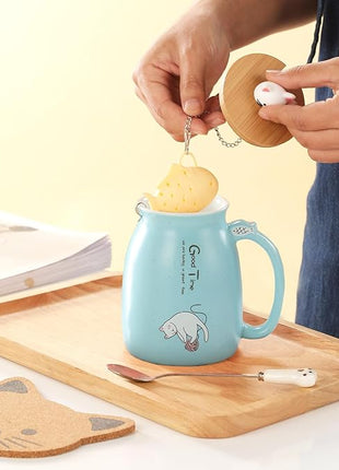 BigNoseDeer Cute Mugs Kawaii Cat Mug Ceramic Coffee Mug Tea Cup with Infuser and Lid Spoon Tea Mug Cute Cool Preppy Stuff Gifts for Women (Blue 13oz)