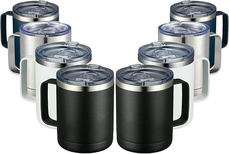 MEWAY 12oz Coffee Mug With Handle 8 Pack Bulk,Stainless Steel Insulated Travel Tumblers With Sliding Lid,Double Wall Vacuum Camping Cup for Hot & Cold Drinks Tea (Multicolor,Set of 8)