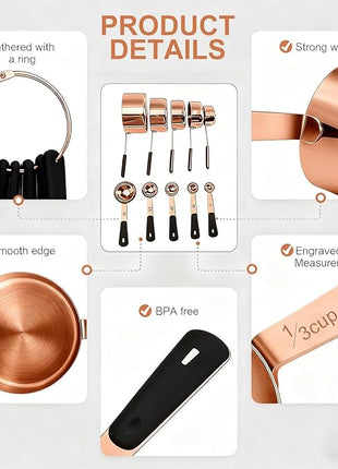 Measuring Cups and Spoons Set, Rose Gold Plated Stainless Steel 10 Piece for Cooking and Baking (5 Cups + 5 Spoons RoseGold)