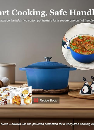 Overmont Enameled Cast Iron Dutch Oven - 4.5QT Pot with Lid Cookbook & Cotton Potholders - Heavy-Duty Cookware for Braising, Stews, Roasting, Bread Baking blue