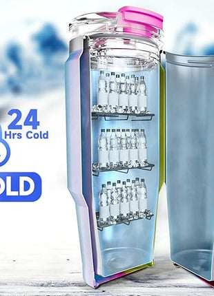 Meoky 32 oz Tumbler with Handle, Insulated Tumbler with Lid and Straw, Stainless Steel Travel Mug, 100% Leak Proof, Keeps Cold for 24 Hours or Hot for 8 Hours, Fits in Car Cup Holder (Carnival)