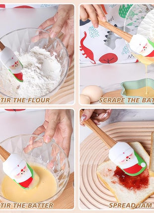 Silicone Spatula, Caliamary 3 Pieces Kitchen Silicone Spatula Set, Christmas Cake Decorating Spatula with Wooden Handle, Snowman Gingerbread Man and Santa Claus Pattern (Snowman)