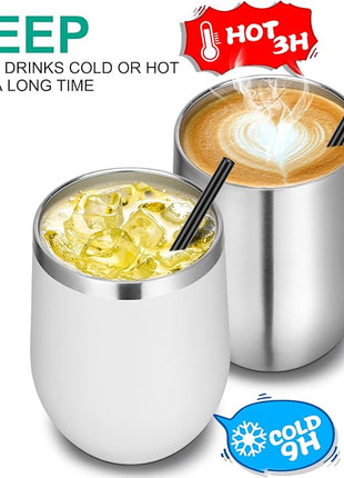 VEGOND Wine Tumblers Bulk 12 Pack, 12oz Stainless Steel Stemless Wine Glass with Lids and Straws, Double Wall Vacuum Insulated Tumbler Cup, Coffee Mug for Cold Hot Drinks